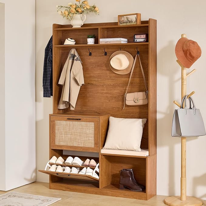LEYAOYAO 78" Tall Boho Hall Tree with Bench & Shoe Storage, 4-in-1 Mudroom Coat Rack with 2 Flip Rattan Drawers & Cushioned Stool, Entryway Hall Tree Cabinet with 6 Hooks for Garage, Tea Brown - Image 7