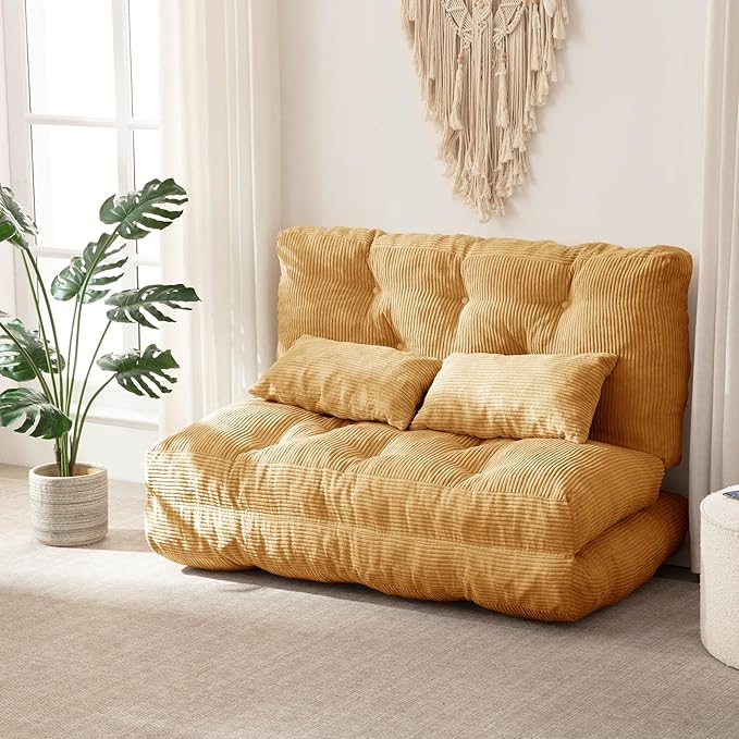 Folding Sofa Bed, Convertible Sleeper Chair with Pillow Foldable Mattress with Back Support, Portable Fold Out Chair Bed Comfy Floor Sofa Lounge for Living Room Bedroom, Yellow Full 80x54 Inch