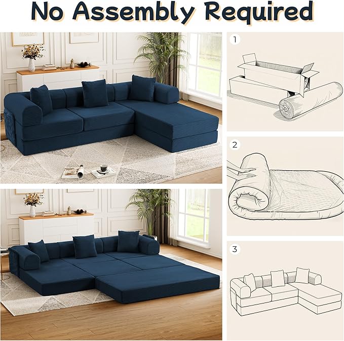 106.3" L Shape Convertible Sleeper Sofa Bed, Oversized Modular Sectional Cloud Sofa with Fixed-Shape Frame & Storage Pocket, Boneless Couch for Living Room, No Assembly Required, Blue