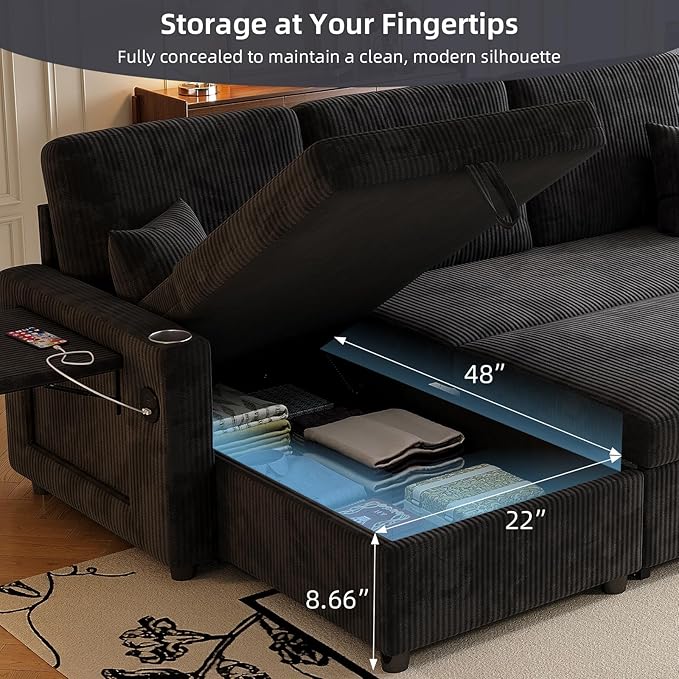 L-Shape Sleeper Sofa with Pull-Out Couch Bed, Storage & Ports, Cup Holders, Side Pockets & Side Table for Living Room, Apartment, Jet Black