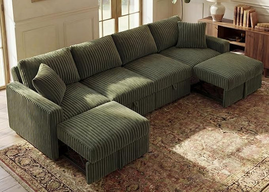 HONBAY 121.3 Inch Modular Sectional Sofa, L & U Shaped Pull Out Couch with Adjustable Backrest & Storage, Velvet Green