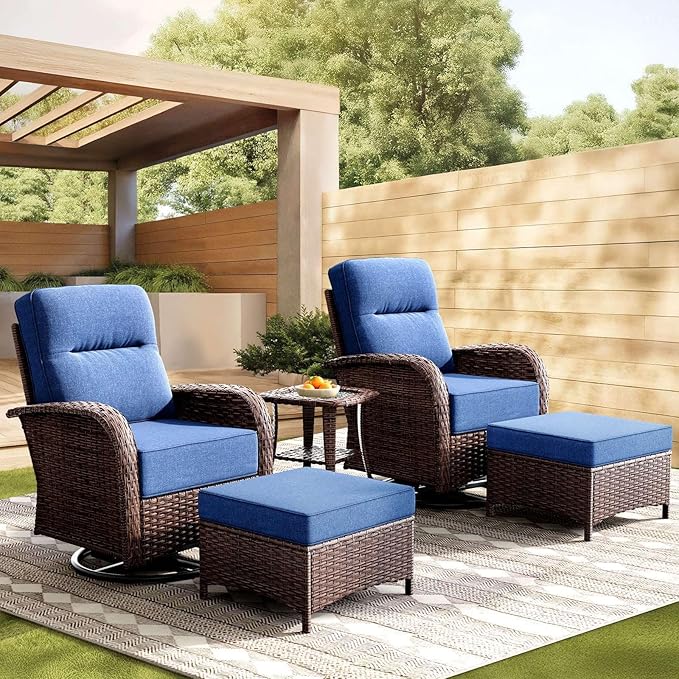 Patio Furniture Set with 6-Inch Thick Cushions, High Back Outdoor Swivel Rocker Chairs and Ottomans, 5-Piece Easy Assembly Conversation Set for Porch Deck Balcony Yard in Blue
