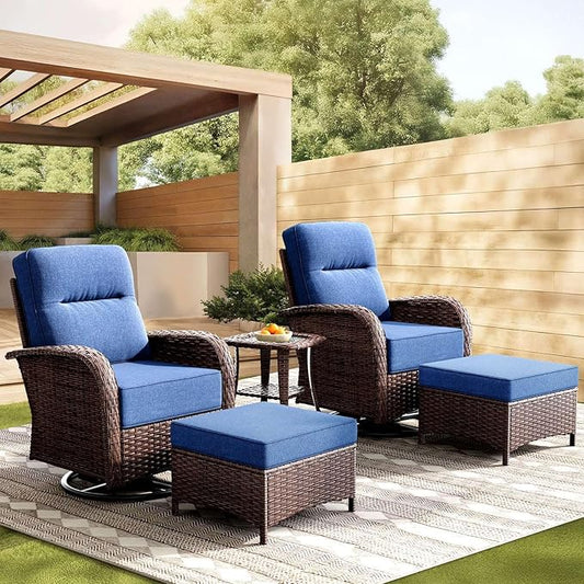 Patio Furniture Set with 6-Inch Thick Cushions, High Back Outdoor Swivel Rocker Chairs and Ottomans, 5-Piece Easy Assembly Conversation Set for Porch Deck Balcony Yard in Blue