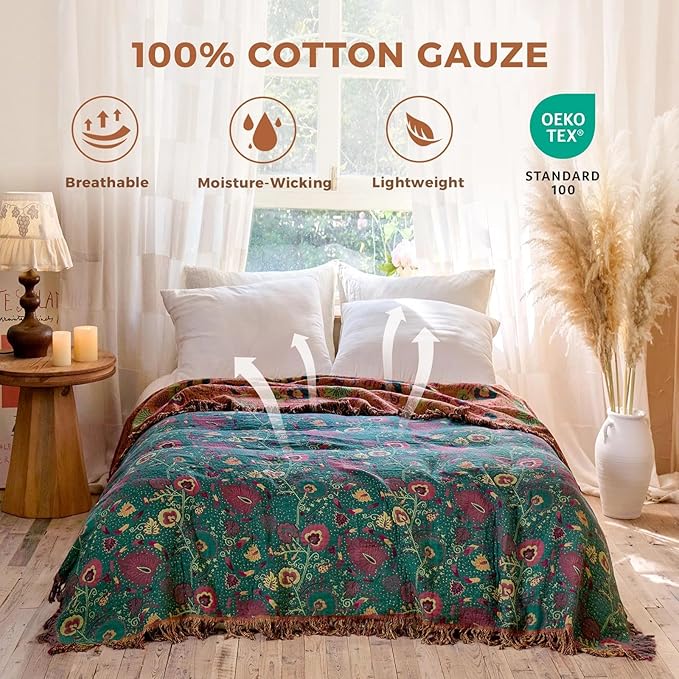 Boho Throw Blanket for Bed 100% Cotton Soft Lightweight Quilt Home Decor Breathable Spring Bed Blanket,Floral Embroidery Reversible All Season Blankets for Sofa Couch Chair 90"x98"
