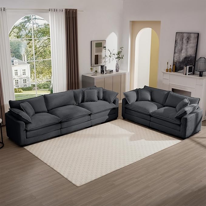 KEIKI 2-Piece Sofa Set with 1 Oversized Corduroy 3-Seater Sofa & 1 Loveseat Sofa, Upholstered 5-Seater Couch Set with 9 Pillow, High-Density Foam Cushions, Removable Armrests, for Living Room, Grey