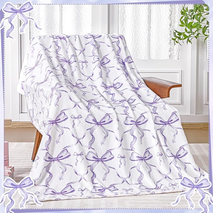 Buryeah Purple Bow Throw Blanket Valentine's Day Galentines Day Gifts Preppy Blanket Coquette 50 X60 Flannel Soft Cute Bow Lightweight Aesthetic Room Decor for Women Friends for Sofa Couch Travel Bed