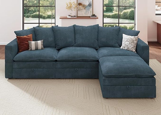 HONBAY Modular Sectional Sofa, 105.5 Inch Corduroy Sectional Couch, 4 Seaters L Shaped Sofa with Storage & Pillows for Living Room, Blue