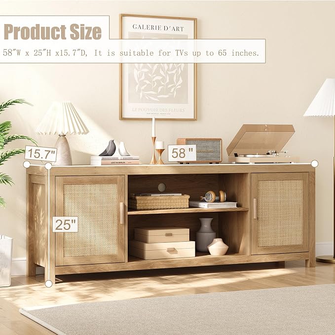 IDEALHOUSE Rattan TV Stand for 65 inch, Natural Oak Entertainment Center with Adjustable Shelves, Boho TV & Media Cabinet 2-Tier Storage for Living Room Bedroom - Image 7