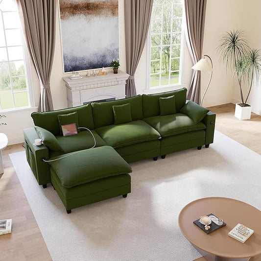 116" Modular Sectional Sofa, L Shaped Cloud Couch with Movable Ottoman, Chenille Deep Seat Cloud Sofa with Charging Station, Cup Holder, Side Pocket, Sectional Couches for Living Room, Green