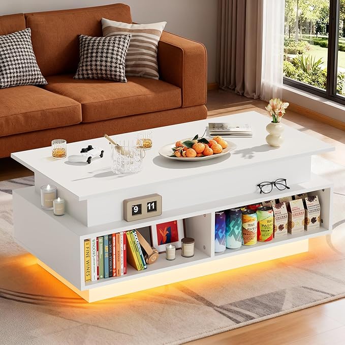 JUMMICO 40" Modern Lift Top Coffee Table with Storage & 4 Bottom Shelves, Square Wooden Center Table with LED Lights, Rising Dining Table with Storage Shelves for Living Room and Home Office (White)