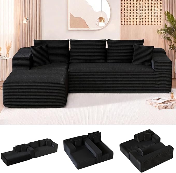 104” Sectional Cloud Couch, L-Shape Compressed Sofa with Right Chaise Lounge, Modern Modular Cloud Couches with 2 Pillows & Deep Seat, Flannel Velvet Floor Sofa for Living Room, Black