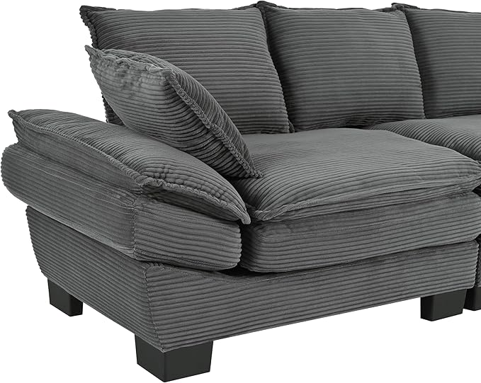 Merax 85.4" Modern Curved Corduroy Fabric Sofa, Back Upholstered Couch with 2 Decorative Throw Pillows for Living Room, Bedroom, Apartment, Gray
