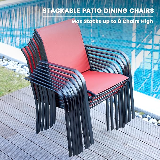VICLLAX 7 Pieces Patio Dining Set, Patio Furniture Set of 6 Patio Stackable Dining Chairs and Outdoor Metal Table with Umbrella Hole for Backyard Lawn Garden, Red Chairs and Black Table - Image 2