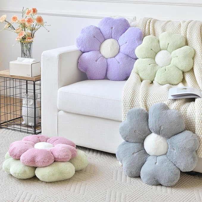 Flower Pillow, Flower Shaped Pillow Decorative Throw Pillows for Bed Couch, Cute Daisy Pillow Dorm Decor Floor Seating Cushion (Grey, 15 Inches)