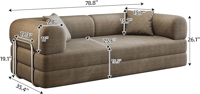 JINGLING 79" Queen Sleeper Sofa Bed with Memory Foam, Compressed Couch in a Box, Foldable Convertible Small Couches for Small Spaces Bedroom Game Room, Corduroy Fabric, Camel