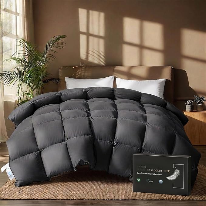 downluxe Feather Down Fiber Comforters King Size Fluffy All Season Duvet Insert Soft Breathable Bedding Comforter with Box Stitch Design & 8 Duvet Loops