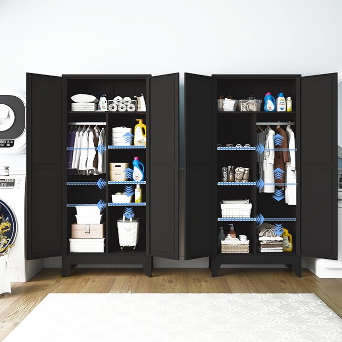 71" Steel Combination Wardrobe Closet, Metal Storage Wardrobe Cabinet with 2 Doors, Hanging Rod & Shelves, Black Metal Armoire Wardrobes Clothing Coat Cabinet for Bedroom, Office, School