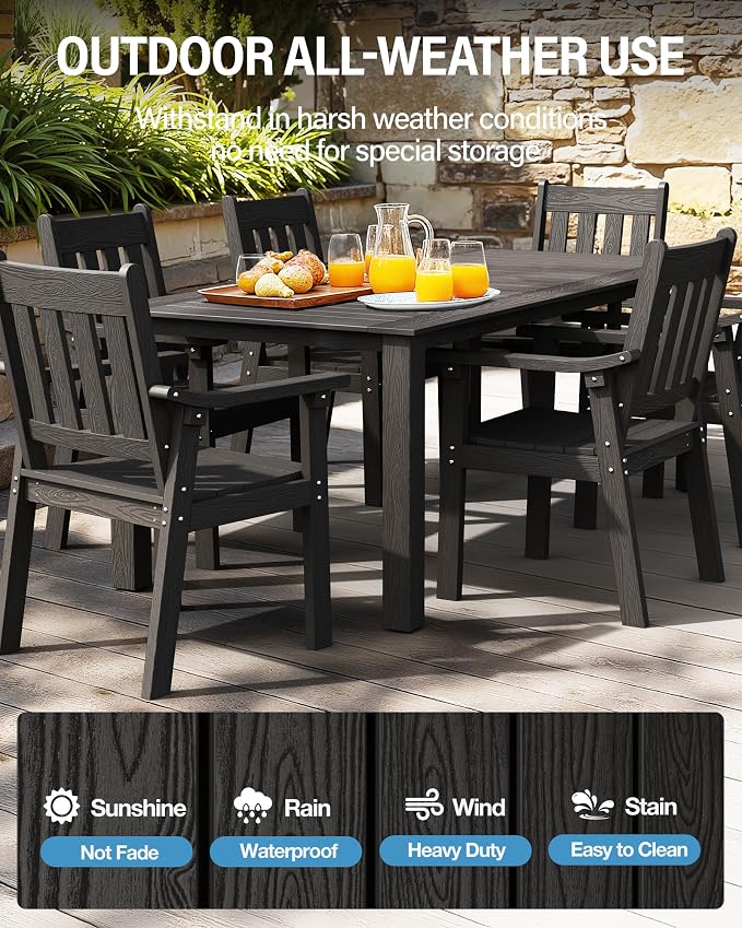 YEFU HIPS Patio Table Set: 7 Piece Outdoor Table and Chairs Patio Furniture Set with Umbrella Hole - Black Modern Plastic Dining Sets 6 Person for Outside Deck with Metal Aluminum Frame - Image 3