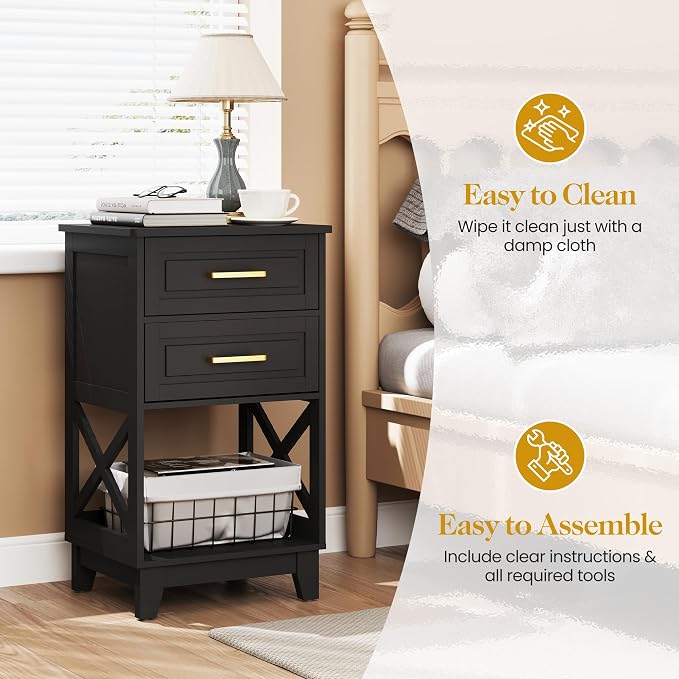 May in Color Black Nightstand Set of 2, Tall Side Table with 2 Drawers and Open Shelf, Bedside Table with Solid Feet, Modern End Table for Bedroom, Home Office, Black - Image 4