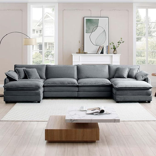 KEIKI 150" U-Shaped Oversized Corduroy Modular Sectional Sofa with 2 Ottoman, High-Density Foam Cushions, Removable Armrests, Upholstered 4-Seater Corner Couch with 6 Pillow, for Living Room, Grey