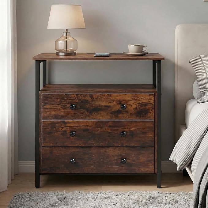 Edbuosy 3 Wooden Drawers Night Stand, 27 Inch Wide Nightstand with Charging Station and Adjustable Drawers, Small Dresser for Closet, Bedside Table for Living Room/Bedroom/Office, Retro Brown. - Image 6
