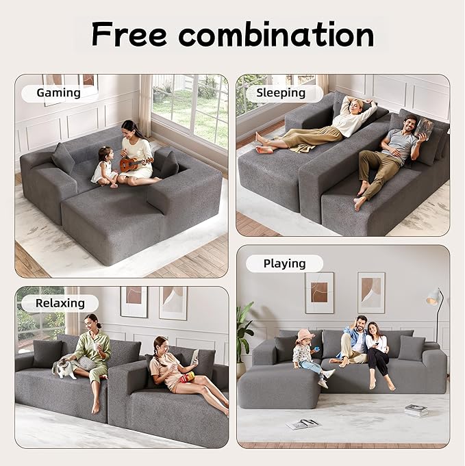 L-Shape Cloud Sectional Sofa, 104” Modern Modular Boneless Couch with Right Chaise Lounge, Compressed Floor Sofa with 5 Pillows & Deep Seat, Rain Drop Velvet Couch for Living Room, Light Gray