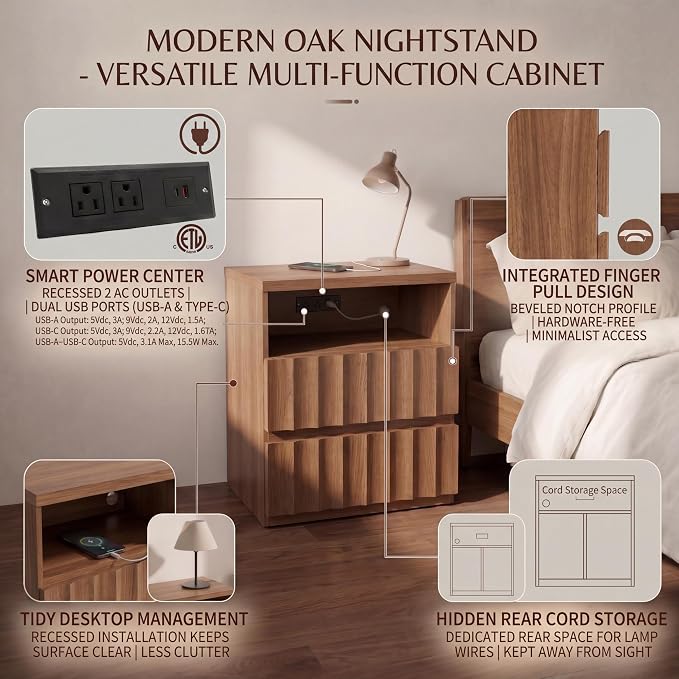 VividVibe Wide Fluted Nightstand Set of 2 with Charging Station, Side Table with Discreet Rear Cord Cutouts, 2 Drawers Wooden Modern Organic End Table Bedside Table for Bedroom Home Office Amber Oak - Image 3