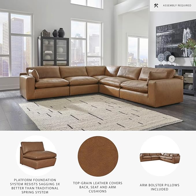 Signature Design by Ashley Emilia Modern Modular Leather Match 5-Piece Sectional with Loose Back Cushions and 2 Bolster Pillows, Light Brown