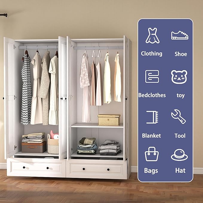 Armoire Wardrobe Closet with Drawers: 74" White Wardrobe Close with 4 Doors, Tall Armoire with Hanging Rod, Large Wood Clothes Cabinet for Bedroom (White, 63")