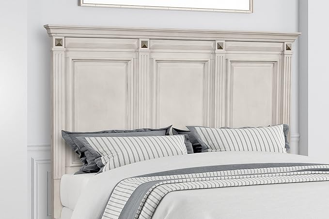 Roundhill Furniture Renova Distressed Parchment Wood Bedroom Set, King Panel Bed, Dresser, Mirror, Nightstand, Chest