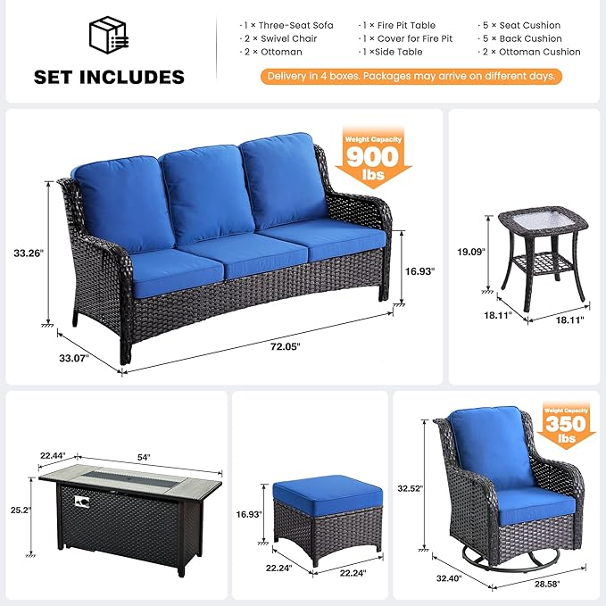 ovios 7-Piece Patio Furniture Set with Swivel Chairs Coffee Table, Outdoor Wicker Sofa with 54" Fire Pit Table, High Back Couch Modern Conversation Sets, Brown/Navy Blue