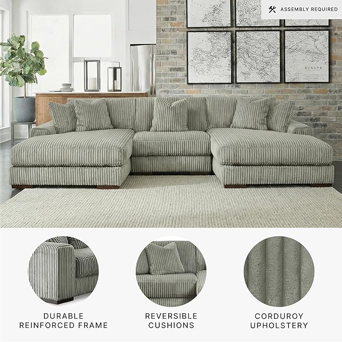 Signature Design by Ashley Lindyn Casual Anti Sag 3-Piece Sectional with Double Chaise, Reversible Cushions and 5 Accent Pillows, Gray