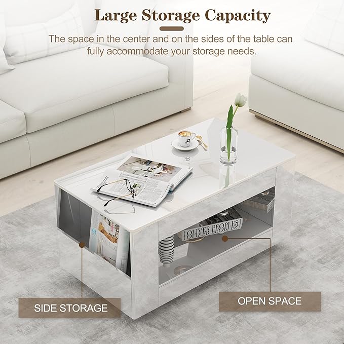 35" High Gloss Wood Coffee Table for Living Room, Sides Storage with Transparent Legs, Modern 2-Tier Storage Shelf Center Table for Home Office, Apartment, White