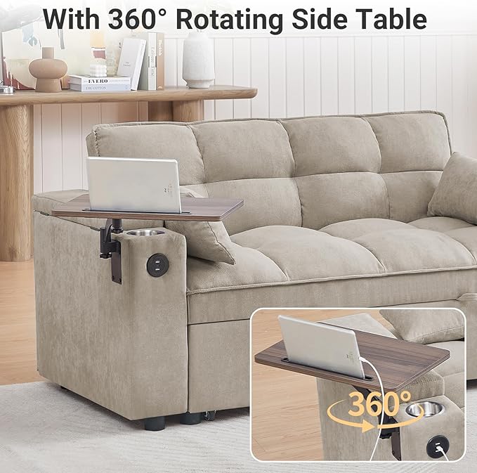 3 in 1 Sofa Bed, 65 Inches Convertible Loveseat Sleeper with Side Table, Pull Out Couch with 3 Level Adjustable Backrest, Chaise Lounge with USB and Type-C Ports for Living Room, Khaki