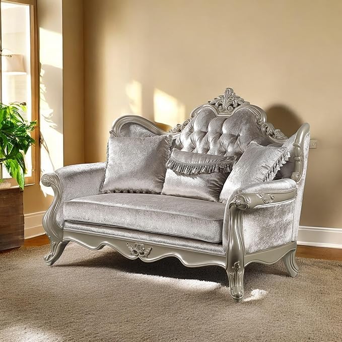 Acme Libertee Fabric Upholstered Loveseat with 3 Pillows in Beige/Champagne