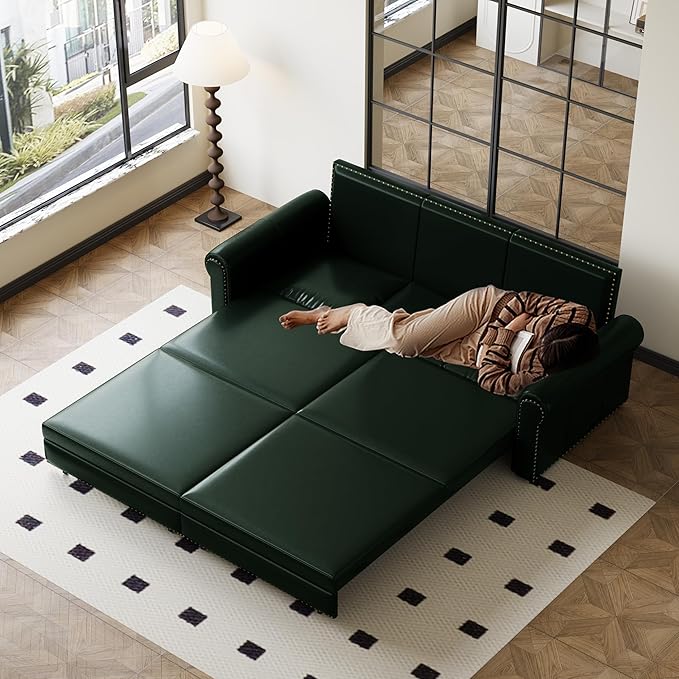 Eafurn 93.7" King Size Pull Out Sofa Bed, 3-in-1 Convertible Sleeper Sofa Couch Bed with Nailhead Decor and Rolled Arms, Faux Leather Oversized Chesterfield Loveseat Chaise Lounge