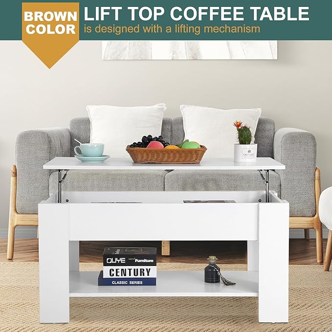 PayLessHere Coffee Table Lift Top Coffee Tables with Hidden Compartment and Storage Shelf Wooden Lift Tabletop Dining Table for Living Room Home (White, 39" D x 28" W x 24" H)