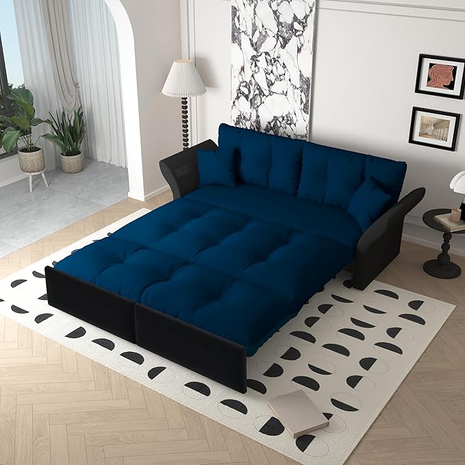Eafurn 3-in-1 Convertible Sofa Bed Queen Size Pull Out Sleeper Sofa with Skin-Friendly Velvet Fabric, Multi-Functional Loveseat with Pillow Armrest for Guest Room & Living Room