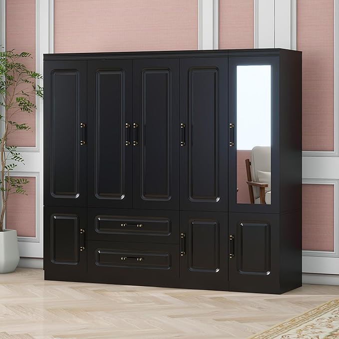 GraceGrove Armoire Wardrobe Closet with Mirror and 2 Drawers, Bedroom Cabinet with 5 Doors and Hanging Rods, Wood Wardrobe Closet with Large Storage, Armoires and Wardrobes for Bedroom Black