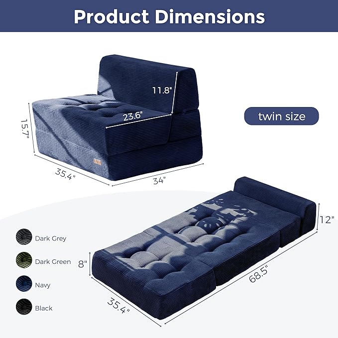 MAXYOYO 8" Folding Sofa Bed, Convertible Sleeper Sofa Lounger Foldable Mattress, Wedge Shape Floor Couch Tufted Fold Out Chair Bed Comfy Floor Couch Lounge for Living Room Bedroom, Single, Navy