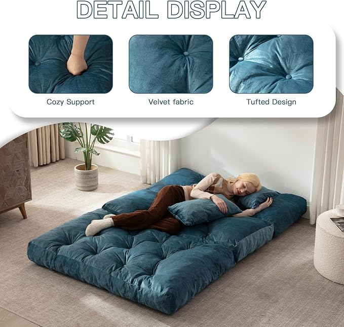 Folding Sofa Bed, Convertible Sleeper Chair with Pillow Foldable Mattress with Back Support, Portable Fold Out Chair Bed Comfy Floor Sofa Lounge for Living Room Bedroom, Blue Twin 80x39 Inch