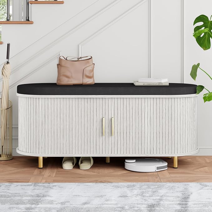 DHH 2-Tier Storage Bench,Wide Shoe Bench with Thickened Padded Seat Cushion, Mid Century Modern Fluted Sliding Door and Adjustable Shelf, for Entryway, Living Room, Bedroom (Grayish White, 43.3“) by DHHFurnitureBuyNow