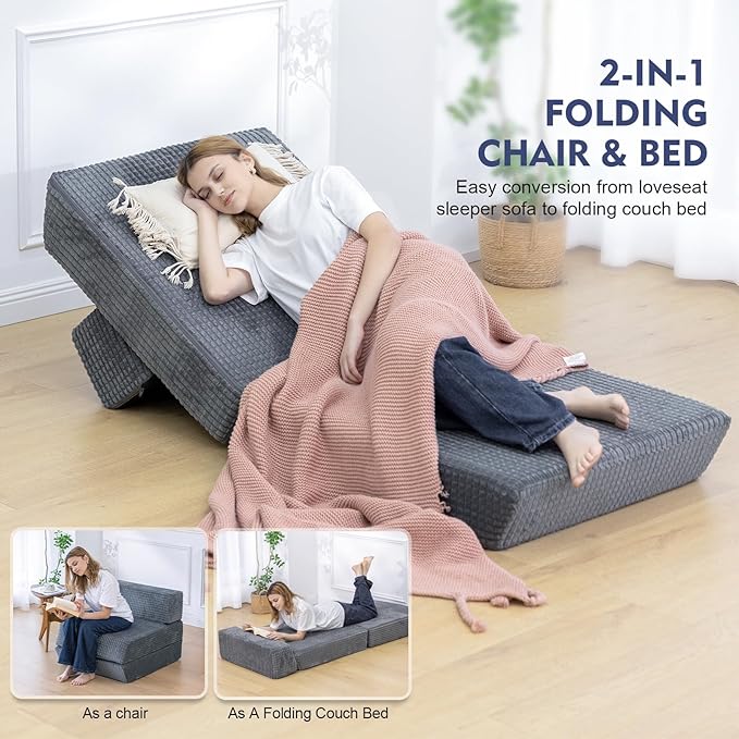 Futon Sofa Bed,Sleeper Chair - Convertible Sectional Sleeper Sofa, Floor Bed Mattress for Guest Bed,Removable Zippered Back Support, Perfect for Living Room and Bedroom (Gray)