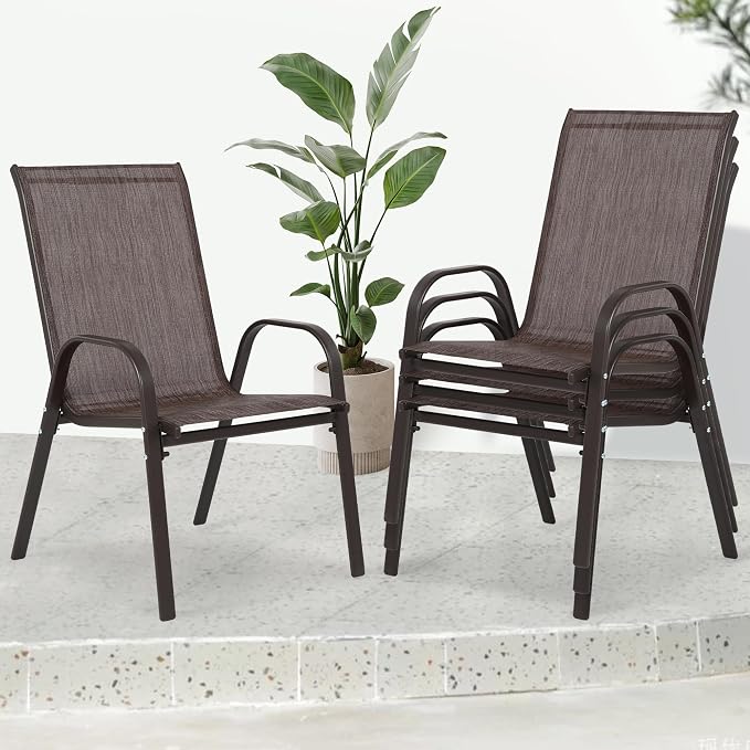 Wider Outdoor Stackable Chairs Set of 4, Stacking Patio Chairs with Textilene Fabric, Outside Furniture for Garden Backyard Balconie Poolside Deck, Brown - Image 2
