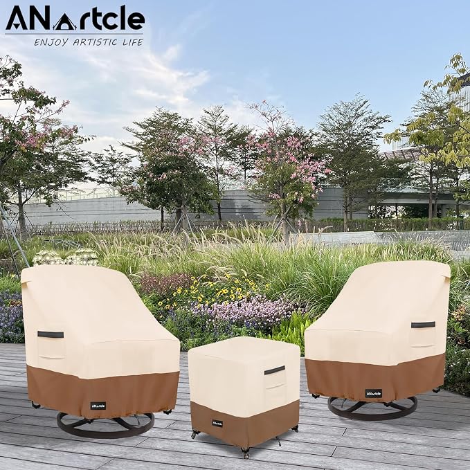 ANartcle 3 Pieces Patio Bistro Sets Cover,600D Waterproof Heavy Duty Patio Furniture Covers,Includes 2 Outdoor Swivel Chair Covers and 1 Patio Wicker Side Table Cover(Beige&Brown) - Image 6