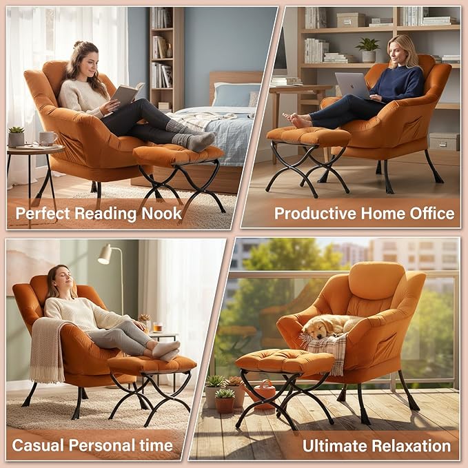 Lazy Chair and Ottoman, Large Accent Orange Velvet Chair with Side Pocket, Modern Leisure Upholstered Reading Armchair with Footrest for Office, Bedroom, Living Room, Dorm Rooms, Balcony