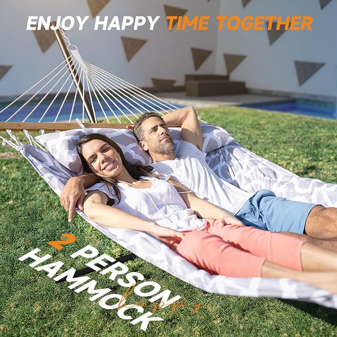 Everyfun 2 Person Outdoor Hammock with Stand, Cotton Rope Hammock with Polyester Pad, Adjustable Steel Frame, Portable with Carrying Bag – for Patio, Backyard, Garden, Beach, White-Gray - Image 3