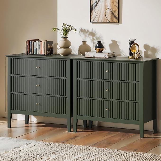 May in Color Large Green Fluted 3 Drawer Dresser Set of 2, Chest of Drawers with Ball Bearing Slide Modern 30 inch Tall Wood Nightstand with Spacious Storage for Bedroom Hallway Living Room Entryway by MayinColor