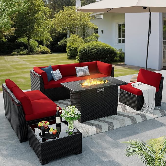 8 Pieces Outdoor Patio Furniture Set with 44" Fire Pit Table Black Rattan Sectional Conversation Sets w/Gas Fire Pit, Coffee Table, 1 Waterproof Covers, Wine red