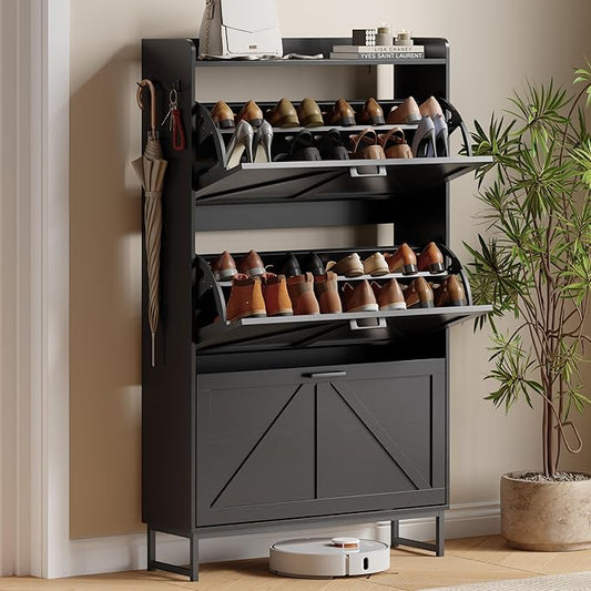 Shoe Cabinet with 3 Flip Drawers, Freestanding Hidden Shoe Storage Organizer for Entryway, Narrow Slim Shoe Rack Cabinet with Open Storage & Hooks for Front Door Entrance, Living Room, Hallway, Black by Xixini